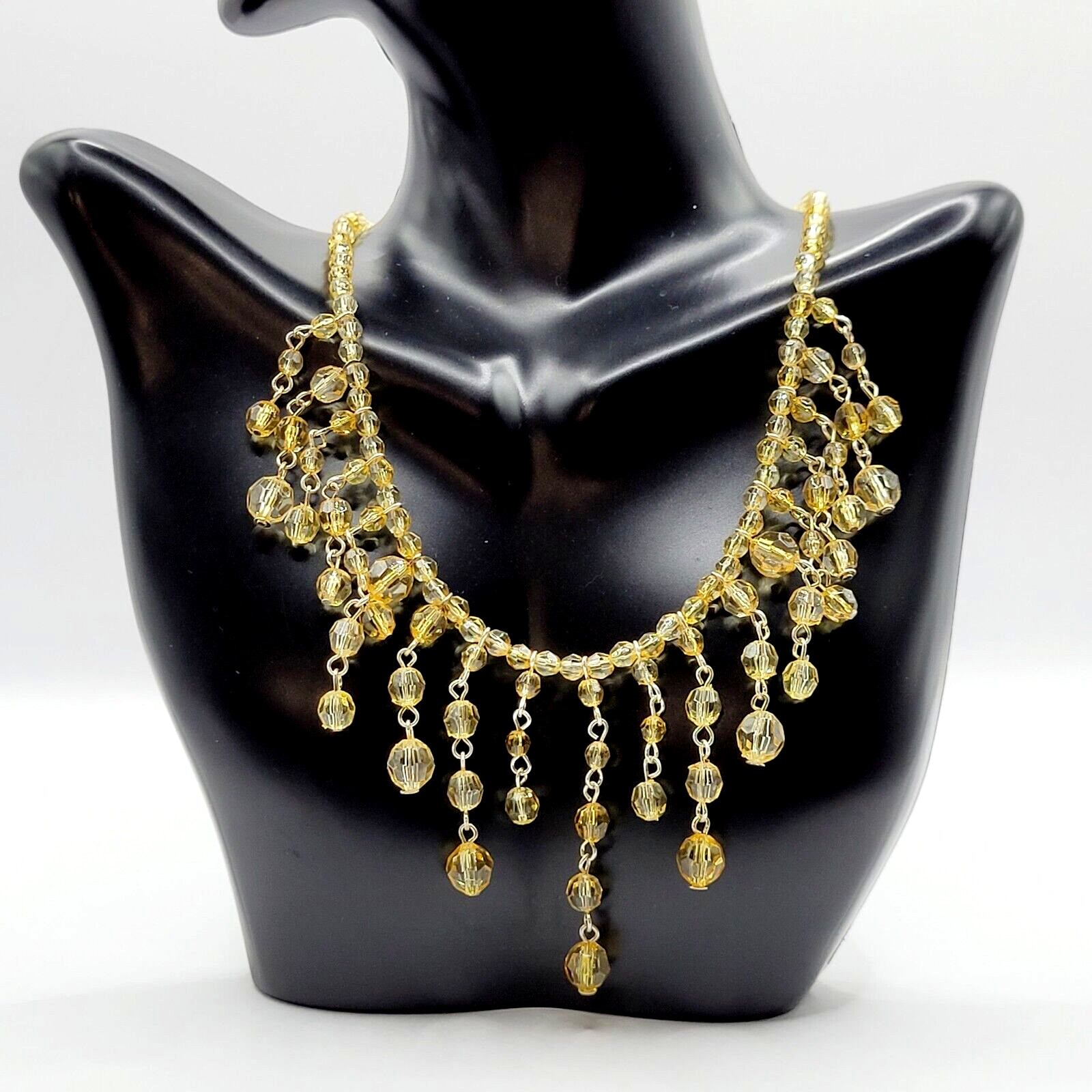 Fringe Bead Necklace Acrylic Light Gold Amber Champagne Fancy Costume Necklace