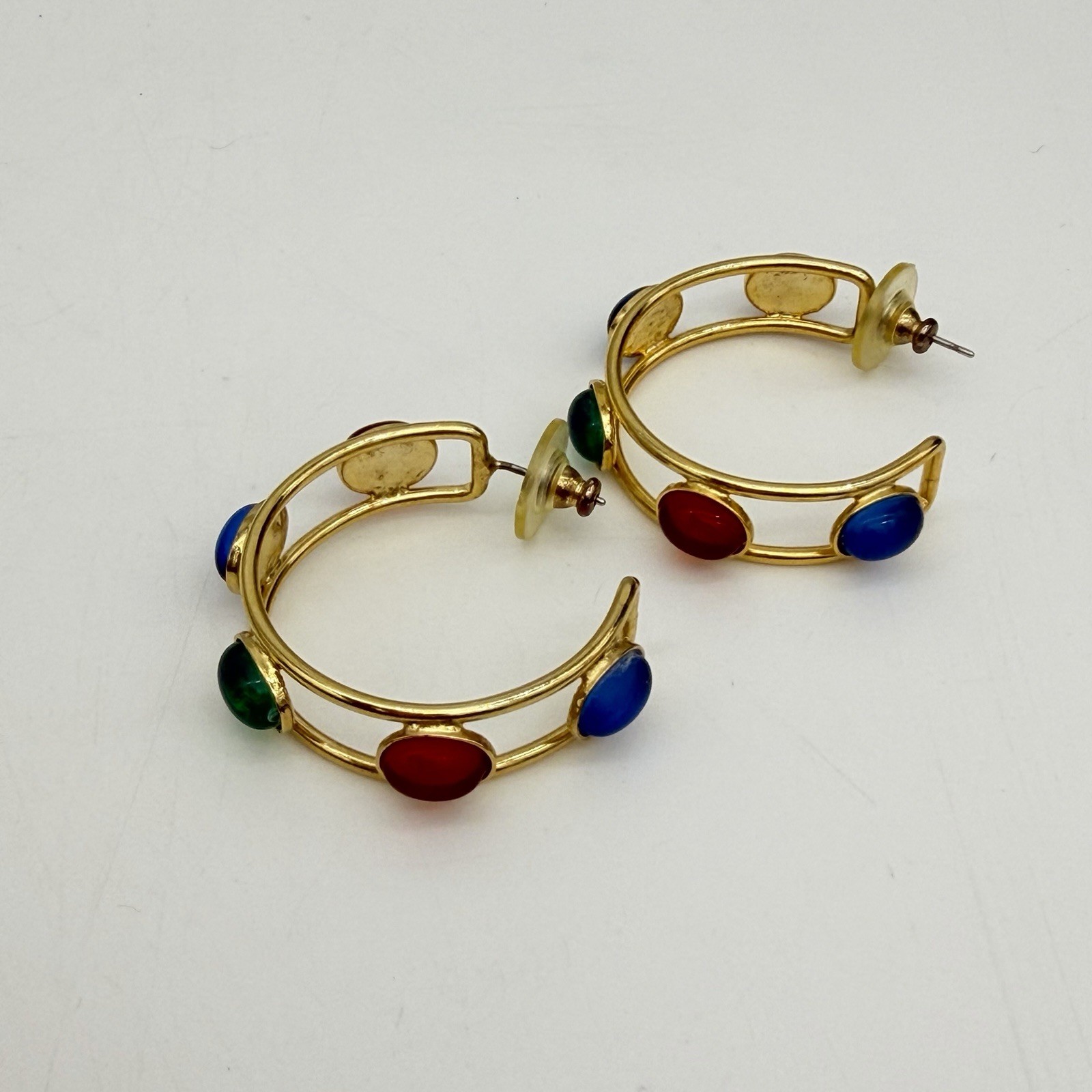 Vtg Mogul Hoop Earrings Gripoix Style Cabochon Red Blue Green Glass Large