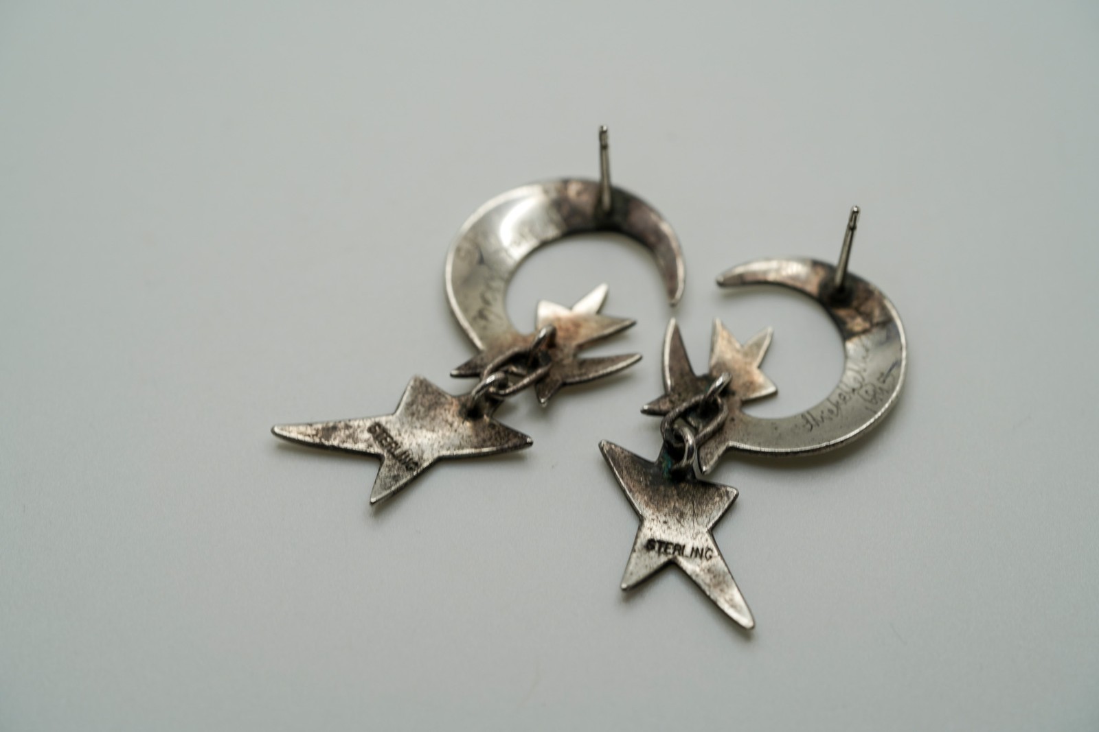 Vintage 1995 Sterling Silver Moon Stars Dangle Earrings 4.2cm JB37