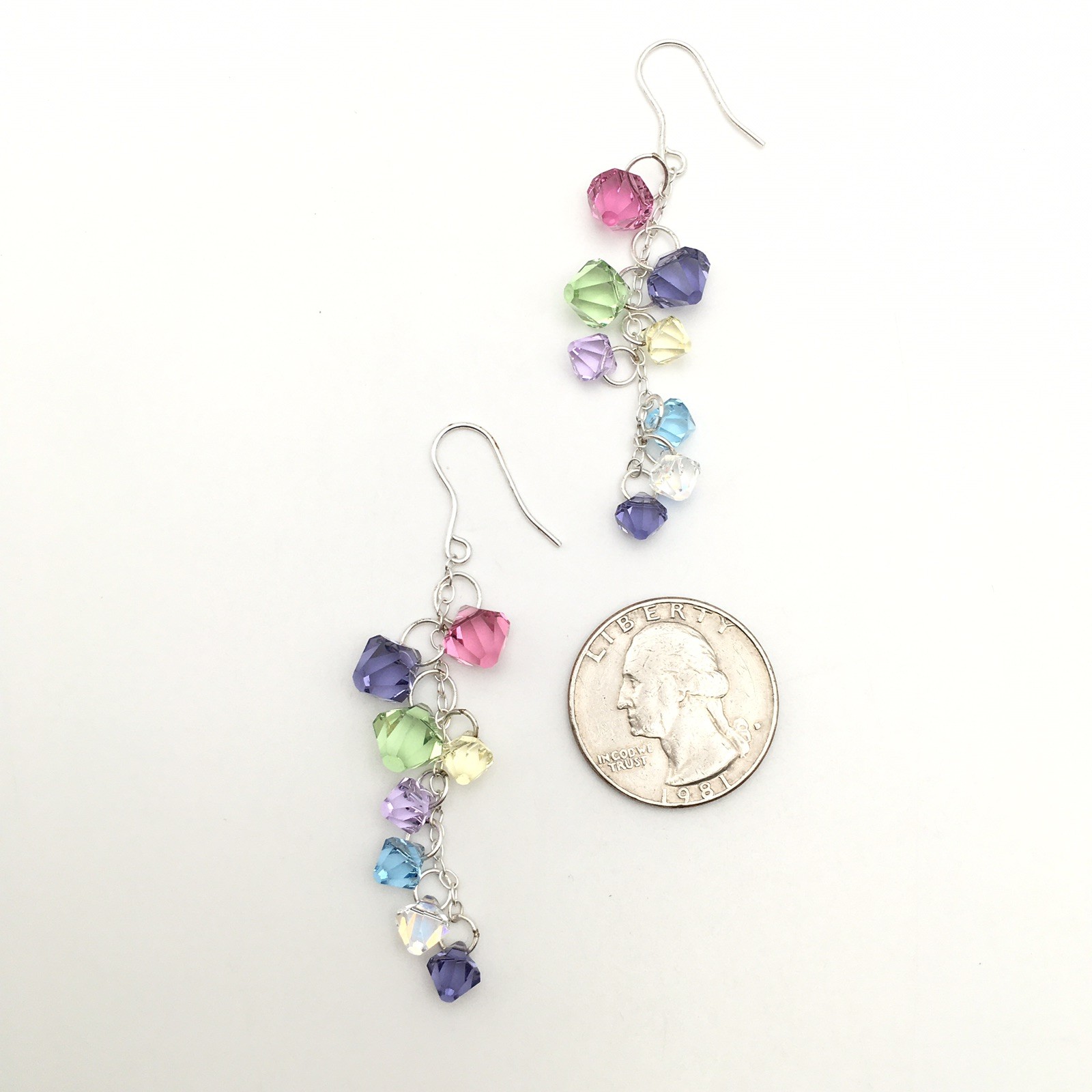 Vintage Sterling Silver Rainbow Beaded Cha Cha Hook Dangle Earrings 925 7g #96