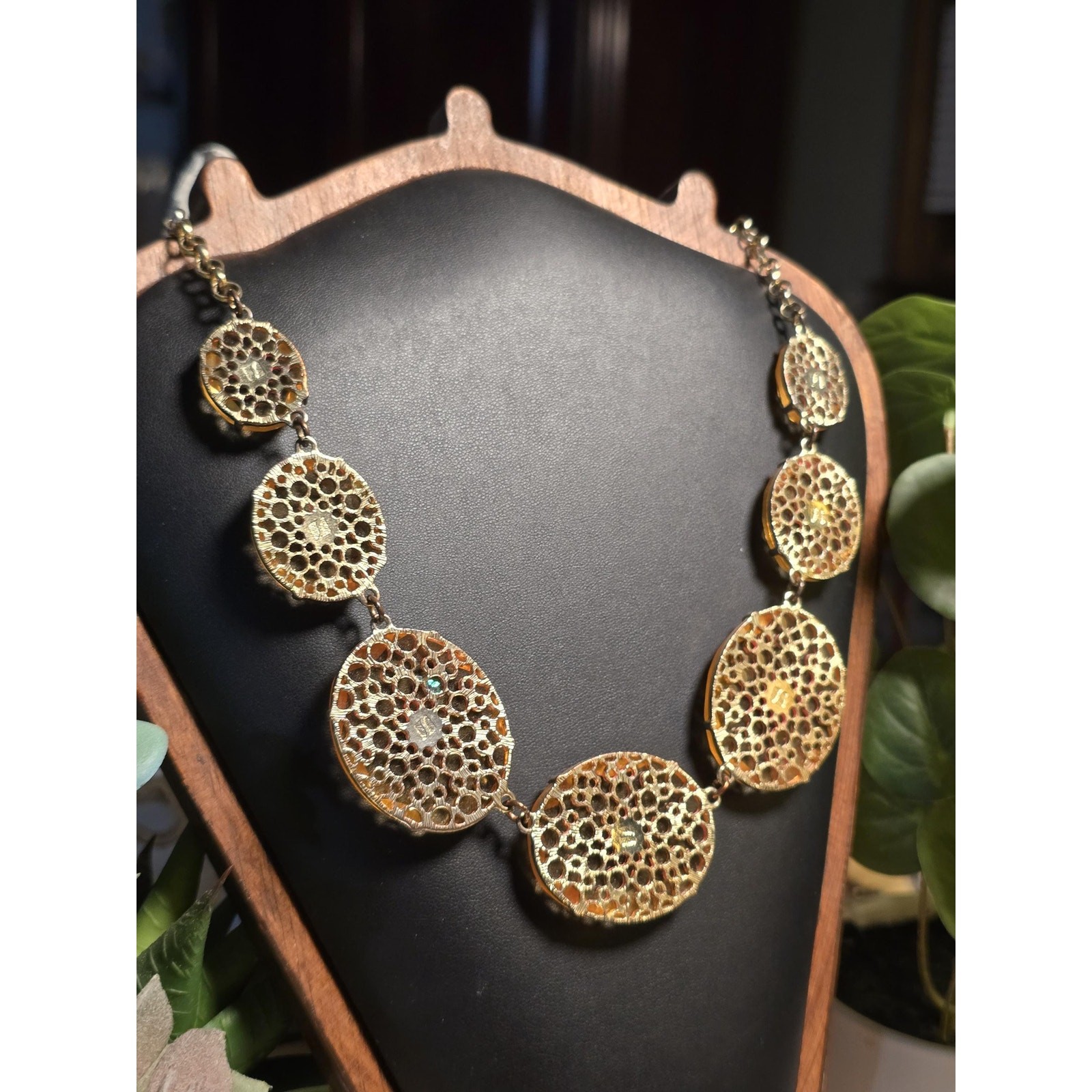 Amber Statement Necklace, Faceted Disc Bib, UV reactive