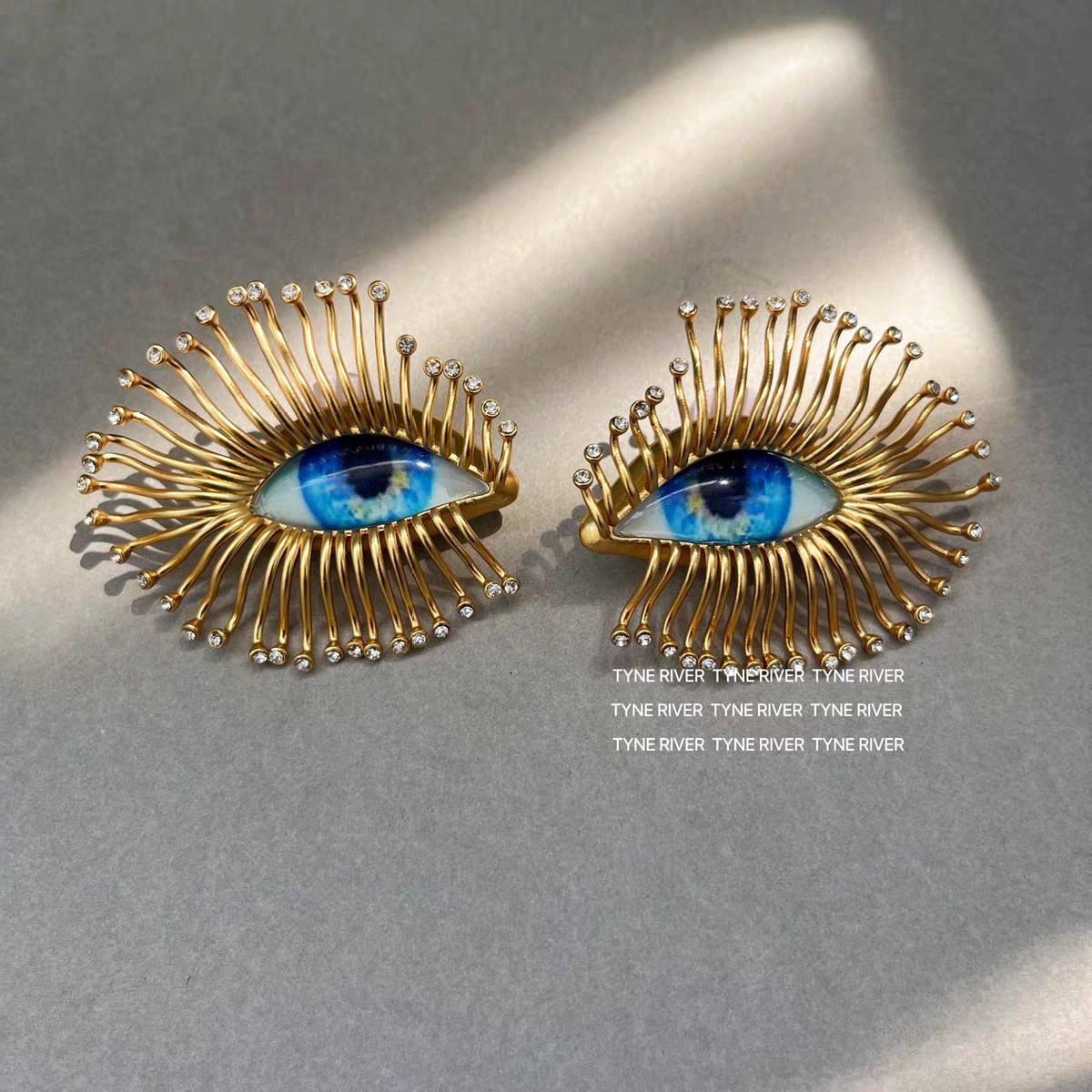 Schiaparelli Blue Eye Shape Luxurious Texture Golden Earrings WITH BOX