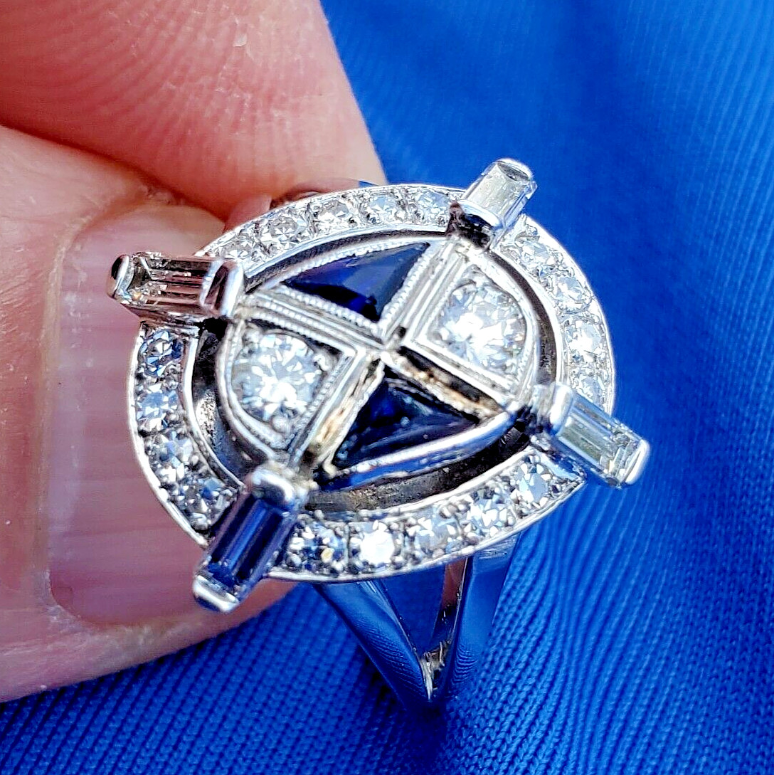 Original EARTH MINED DIAMOND Deco Sapphire Engagement Ring Vintage 18K GOLD