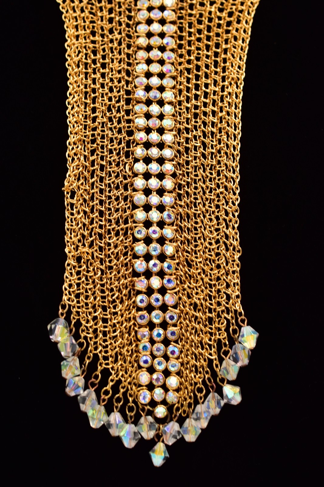 Felicia Vintage Gold Mesh Bib Necklace AB Rhinestone Crystal Fringe 1990s BinBN