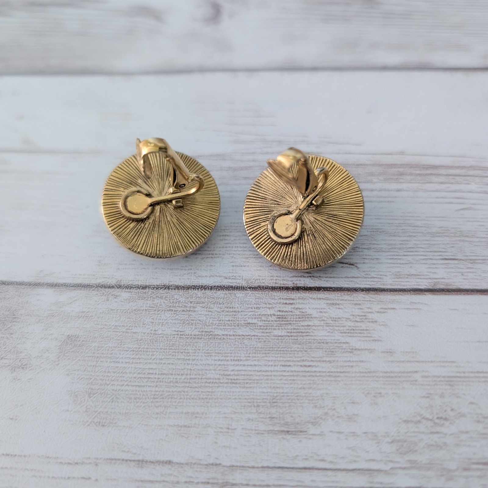 Vintage Clip On Earrings Faceted Black Gem with Gold Tone Halo Just Under 1″