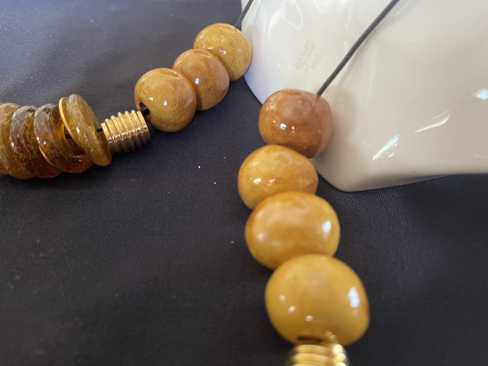 Variegated Honey Colored Egg Yolk Large Bead Tasseled Necklace Brass Spacers EXC