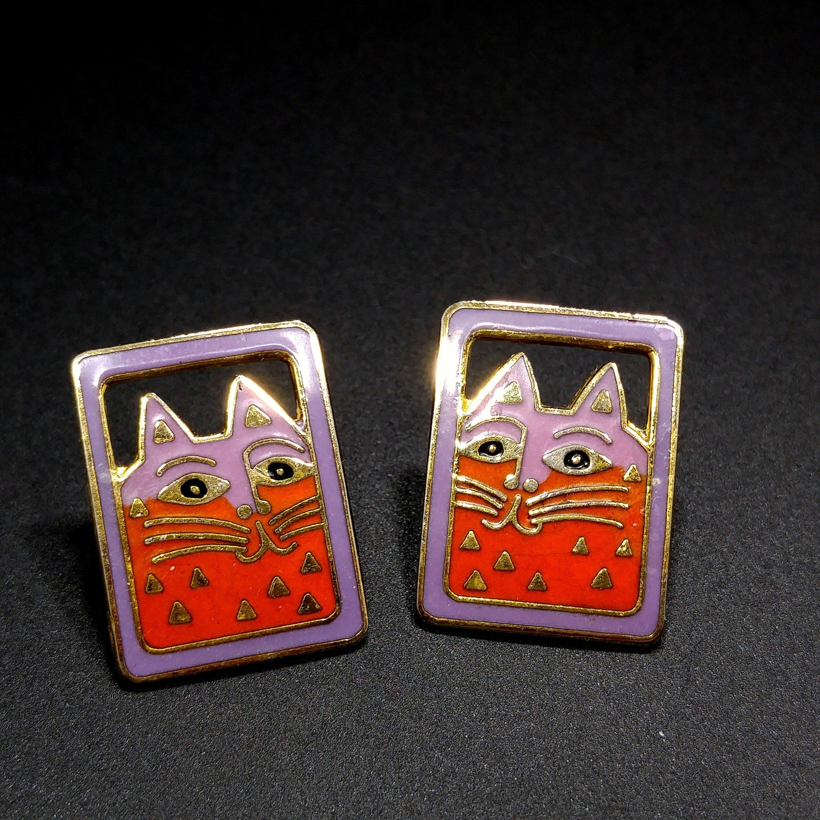 Vintage Laurel Burch “Mallory’s Cat” Post Earrings, Gold Plated, Cloisonne