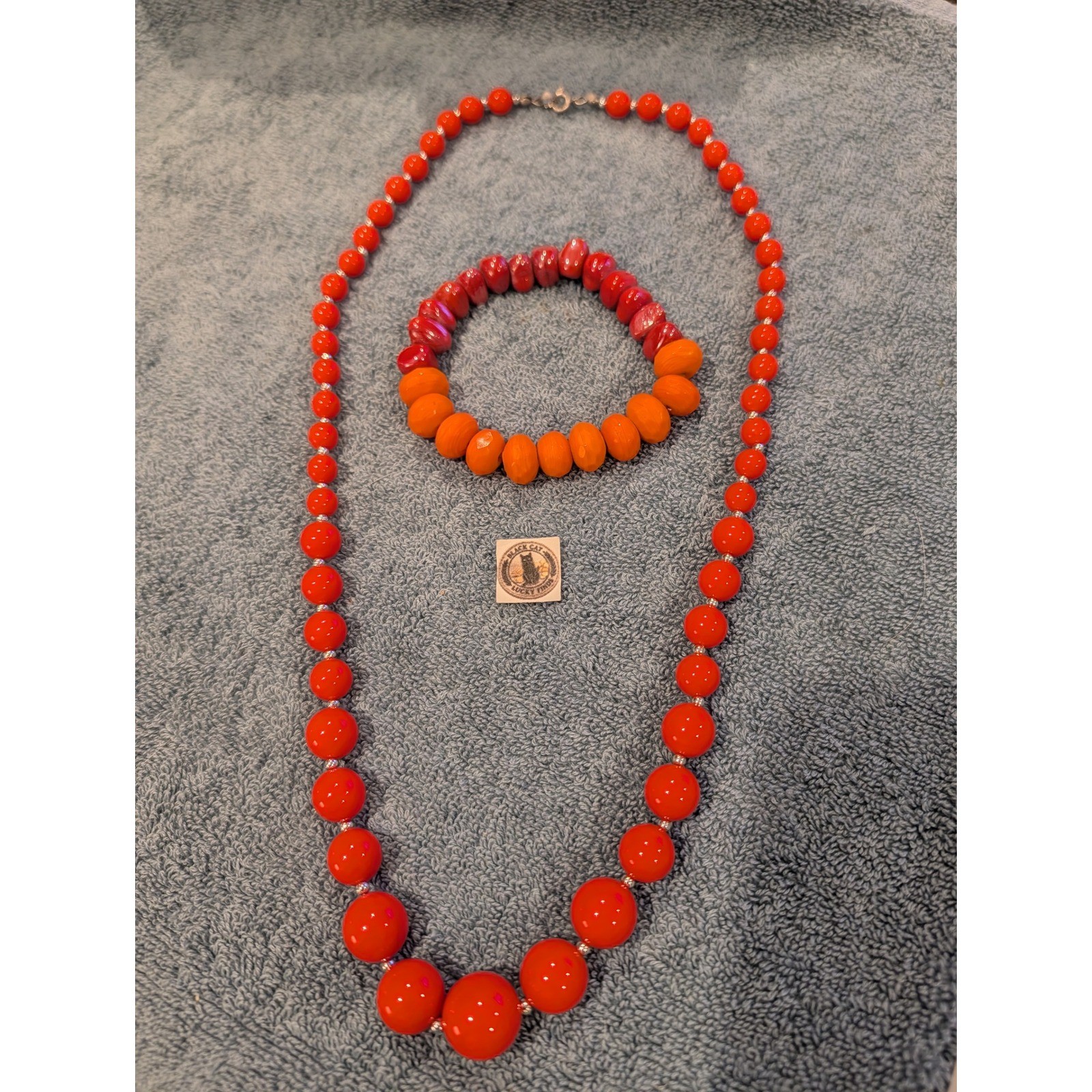 Vintage Orange Red Graduated Bead Necklace and Stretch Bracelet Jewelry Set