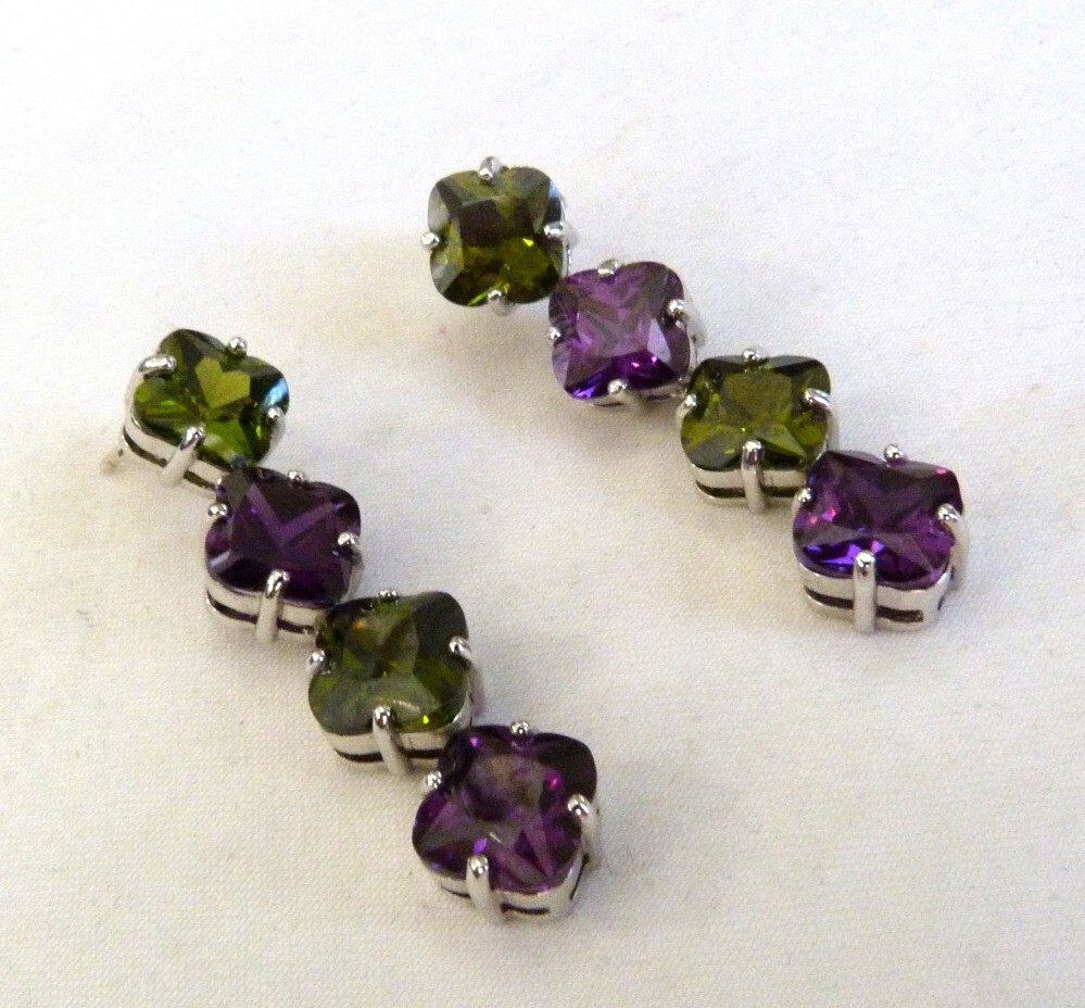 DESIGNER JJJ PURPLE & GREEN CRYSTALS STERLING SILVER DANGLE EARRINGS 1 5/8″ LONG