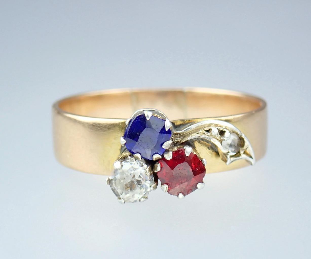 Charming Antique Victorian 14K Rose Gold Red White Blue Paste Floral Ring Size 8