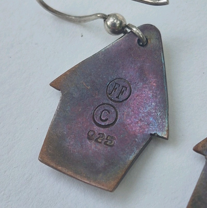Vintage Estate Sterling Silver / Copper Dog Doghouse Dangle Earrings 925 Signed
