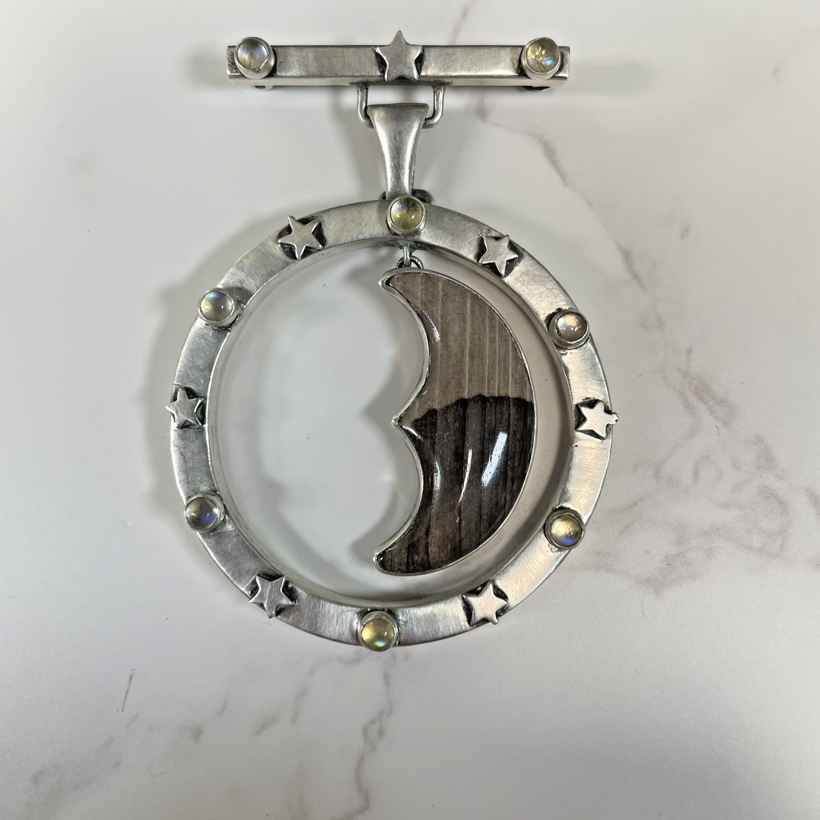 Ken Kantro 29gram S Silver Pendant & Brooch Crescent Moon, Chatoyant Tiger’s Eye