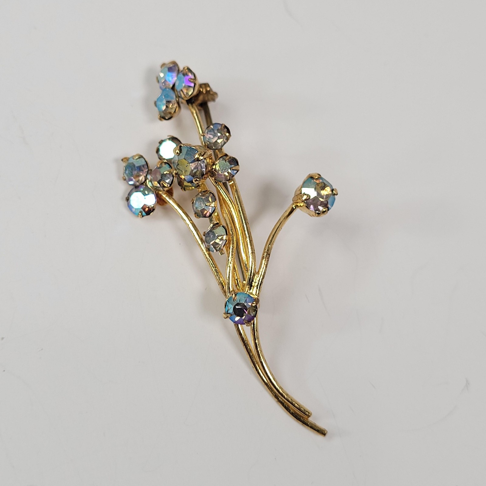 Vintage AB Rhinestone Floral Spray Brooch Pin Gold Tone West Germany Jewelry