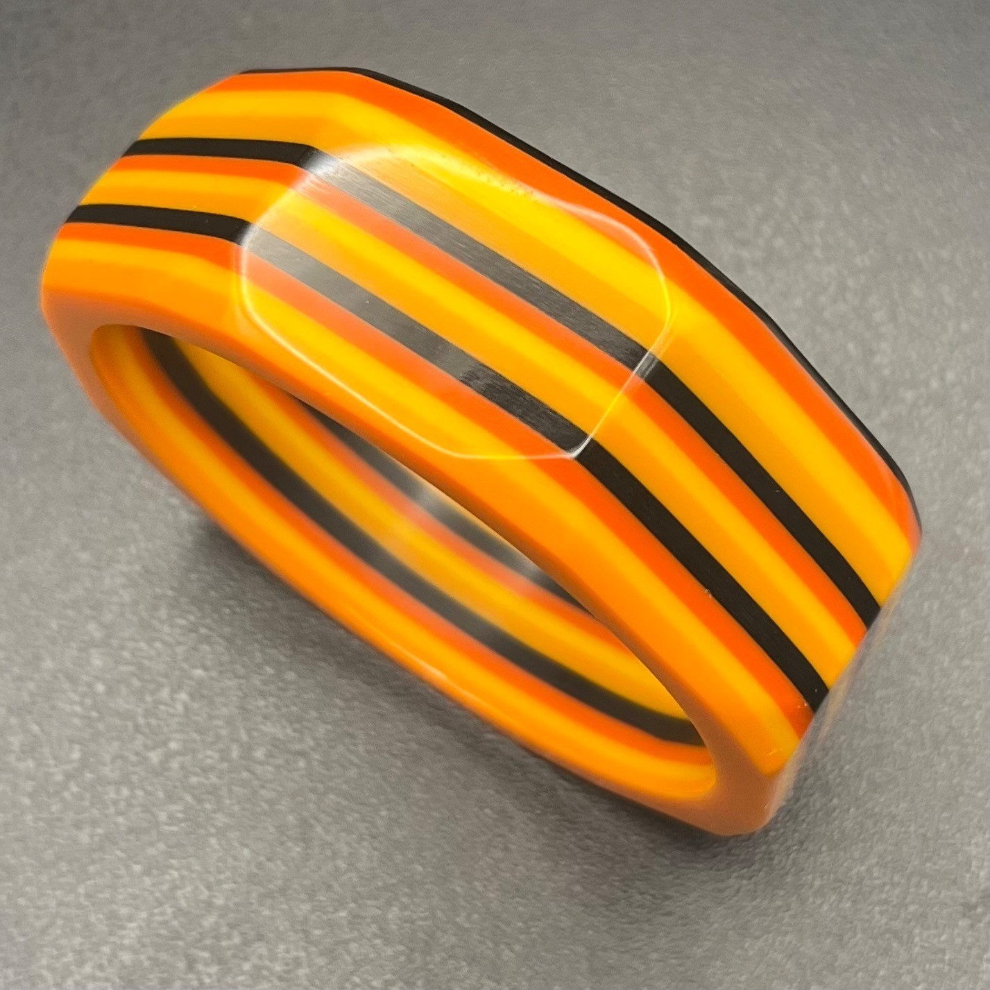 Vintage Laminated Lucite Octagonal Bangle Bracelet Orange Yellow Black Wide