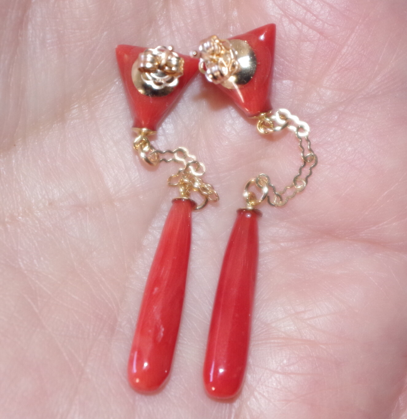 14K 52MM Ox Red Italian Triangular Stud Coral Teardrop Earrings Made to Order