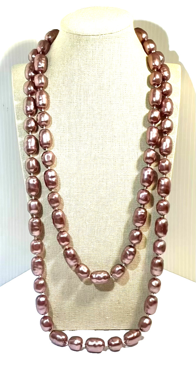 Set of 2 Light Purple Necklaces Plum Large Faux Pearl Beads Vintage 24″ 30″ Long