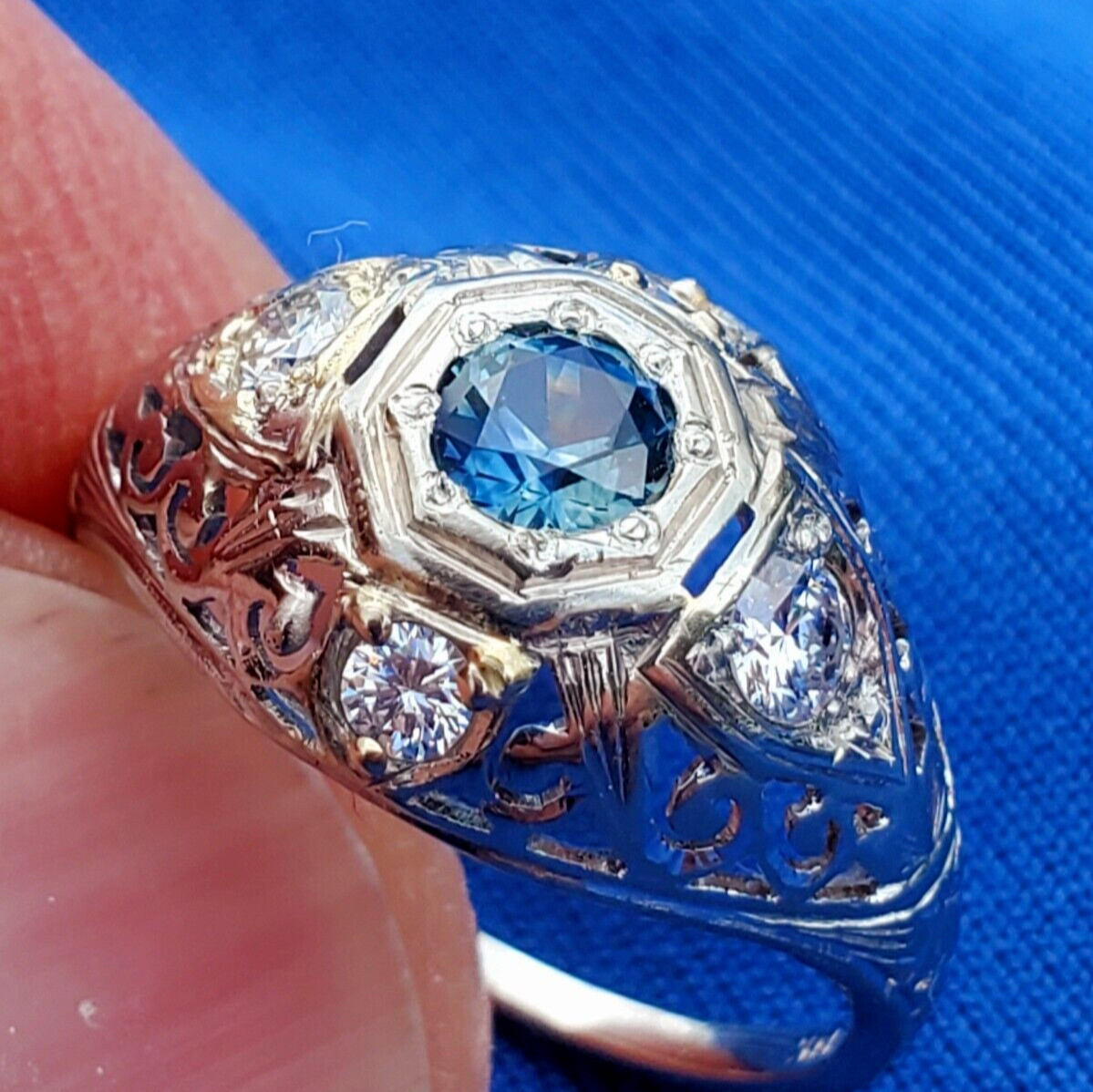 Original EARTH MINED SAPPHIRE DIAMOND Deco Engagement Ring Vintage Solitaire 14K