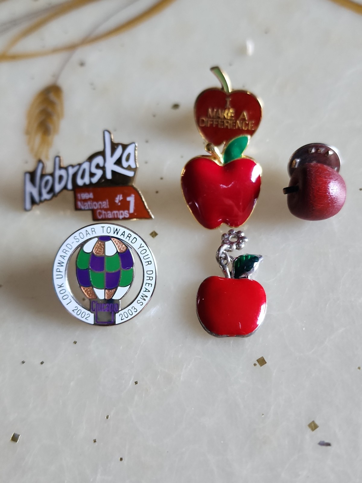 6 VINTAGE & MOD TEACHER THEMED PINS ENAMEL APPLES Wooden Nebraska Other