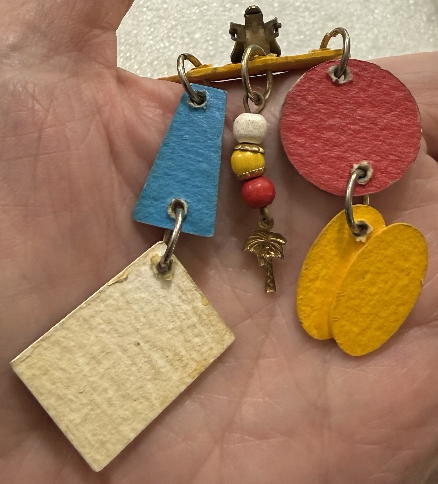 HUGE 1980s Wearable Folk Art Signed Mari SUN BEACH FUN Mixed Media Clip Earrings