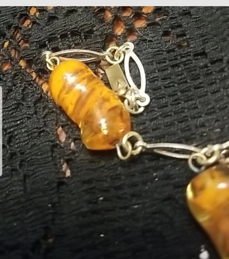 Venetian Antique Necklace, Italian Art Glass, 28″Sterling, Amber Colored, Signed