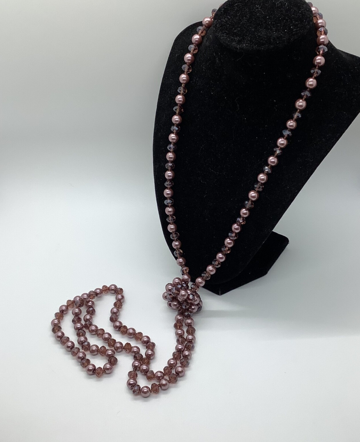 Vtg AB Smoky Lavender Purple Bead & Faux Pearl 59” Flapper Necklace Long