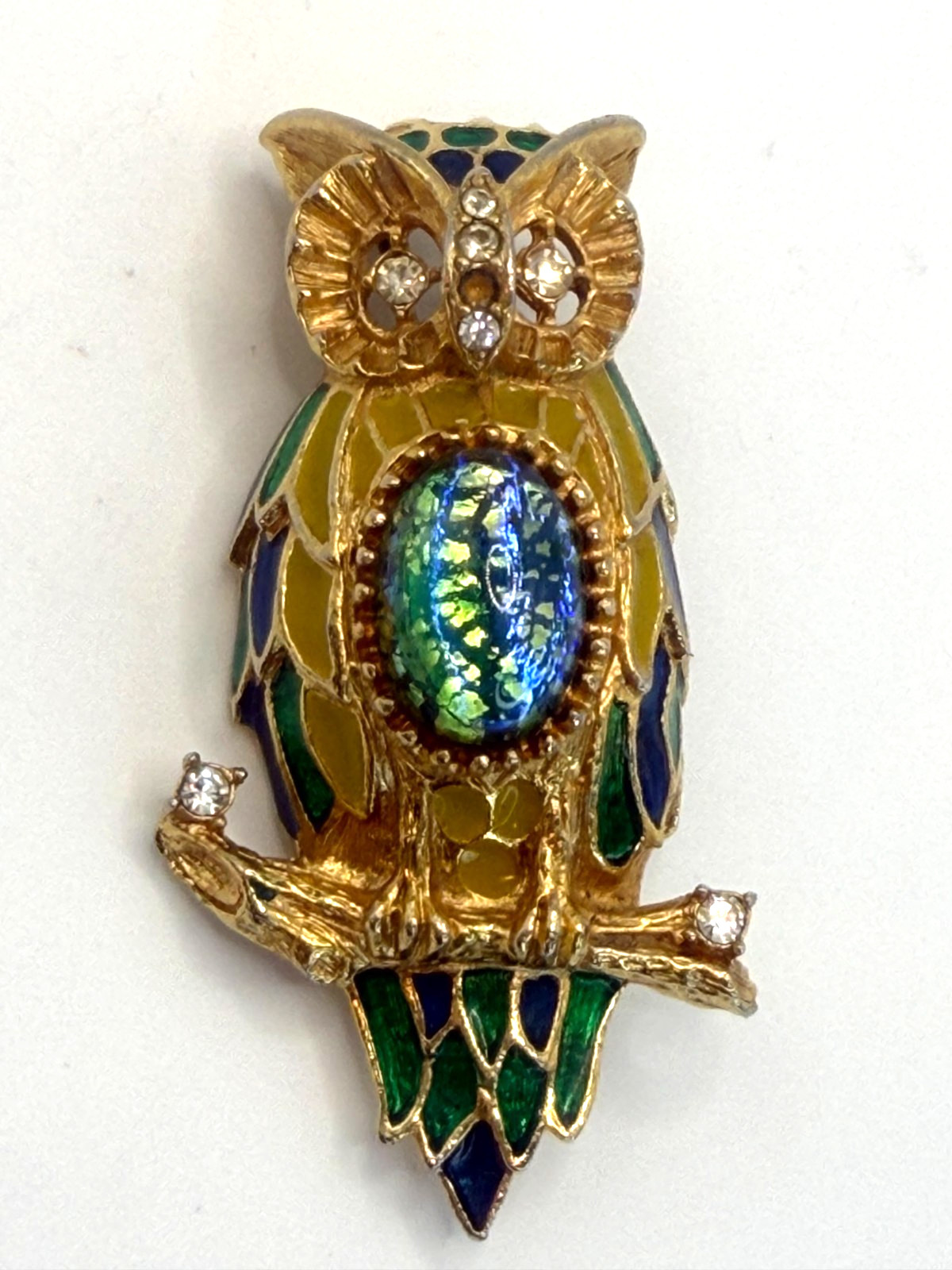 Vintage Florenza Owl Brooch Blue Green Foiled Cabochon Enamel Gold Tone Pin