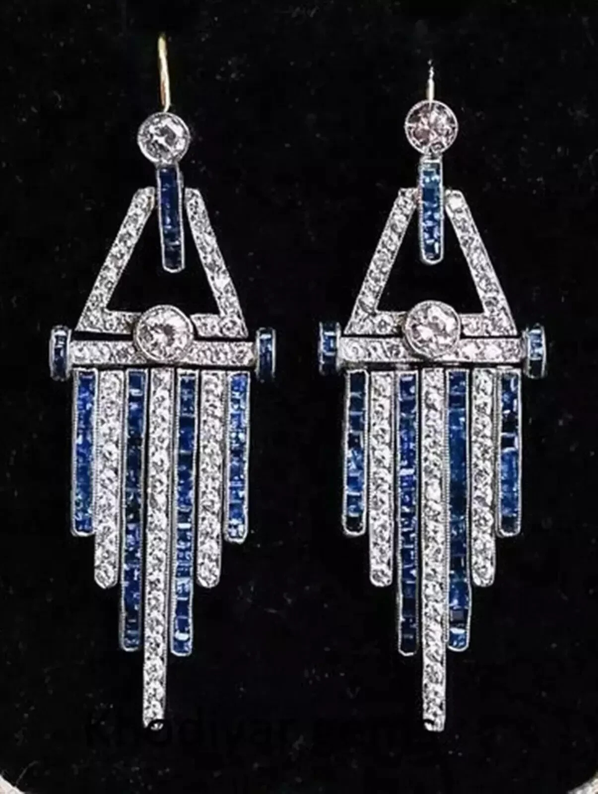 Art Deco Style Lab Created Diamond & Sapphire Dangle Earrings 14k White Gold FN