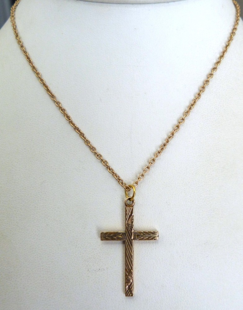 VTG BATES & BACON GOLD FILLED ENGRAVE CROSS PENDANT CHAIN NECKLACE 1st COMMUNION