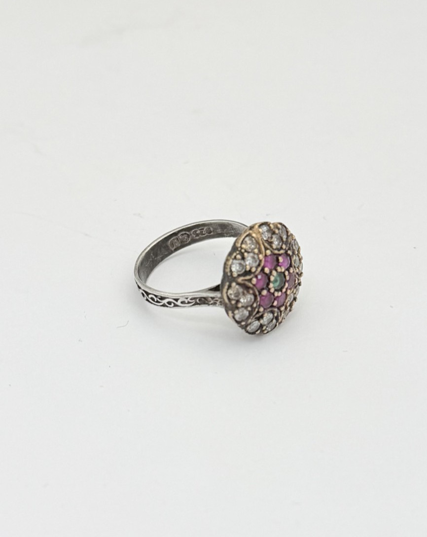 Estate Art Deco Style Ruby Red, Emerald Green, Diamond Cut Quartz Floral Ring