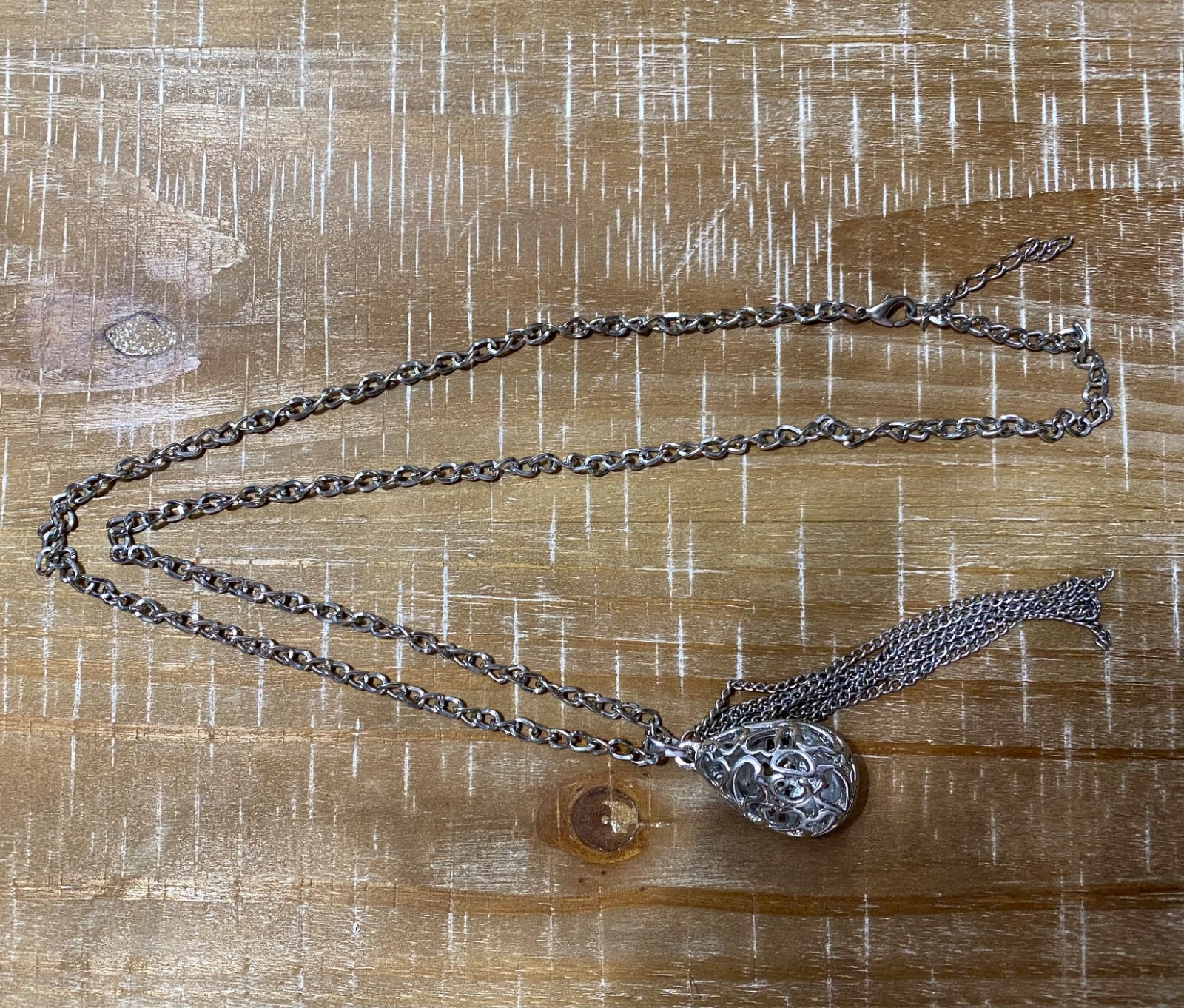 CHRISTIAN DIOR VINTAGE SILVER TONE RHINESTONE EMBELLISHED PENDANT & TASSLE