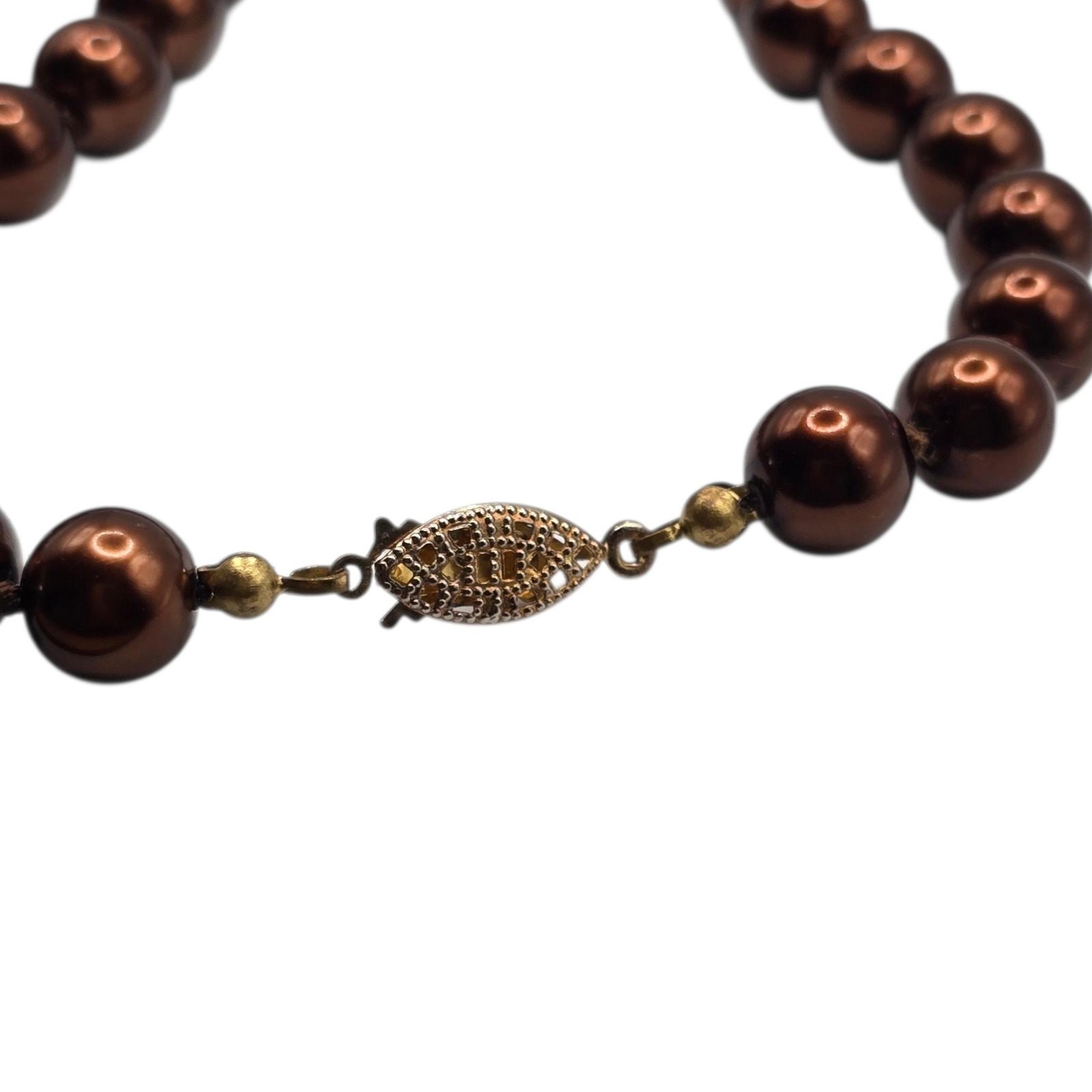 Necklace Beaded Brown Vintage 24″ Single Strand Gold Tone Filigree Clasp SKU2419