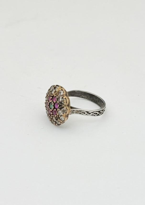 Estate Art Deco Style Ruby Red, Emerald Green, Diamond Cut Quartz Floral Ring