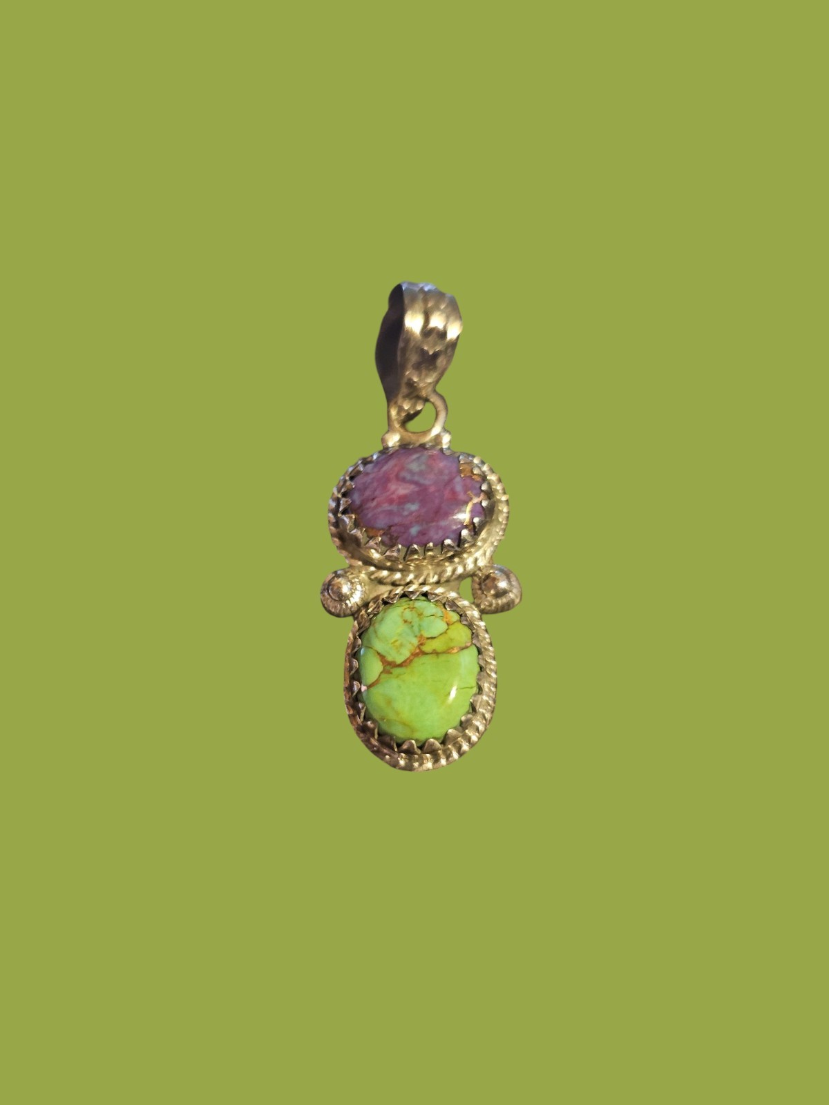 Vtg. 925 Sterling Silver Purple & Lime Green Mojave Turquoise Pendant Southwest