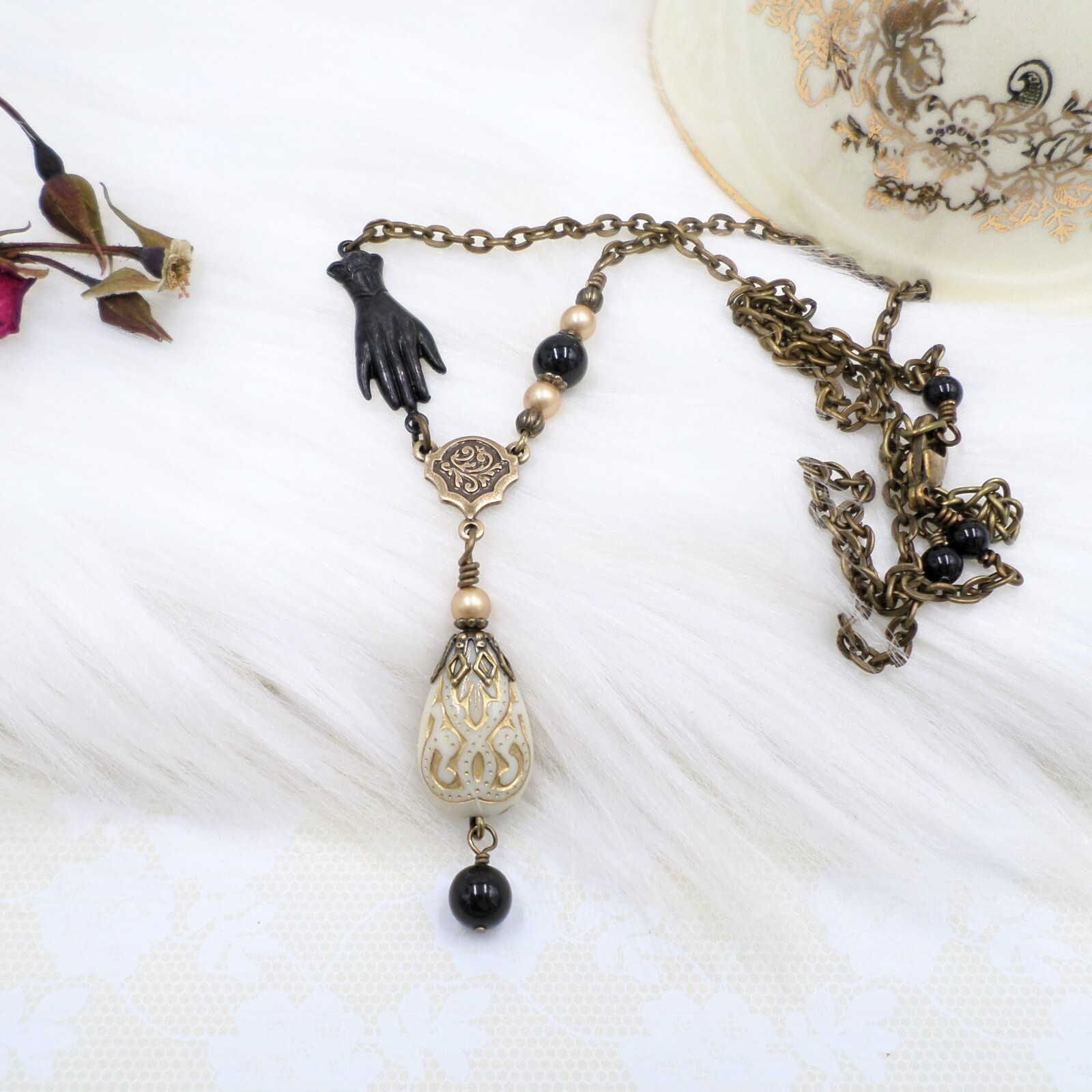 Victorian Reproduction Hand Necklace, Cream Black Gold Acrylic Metal Jewelry