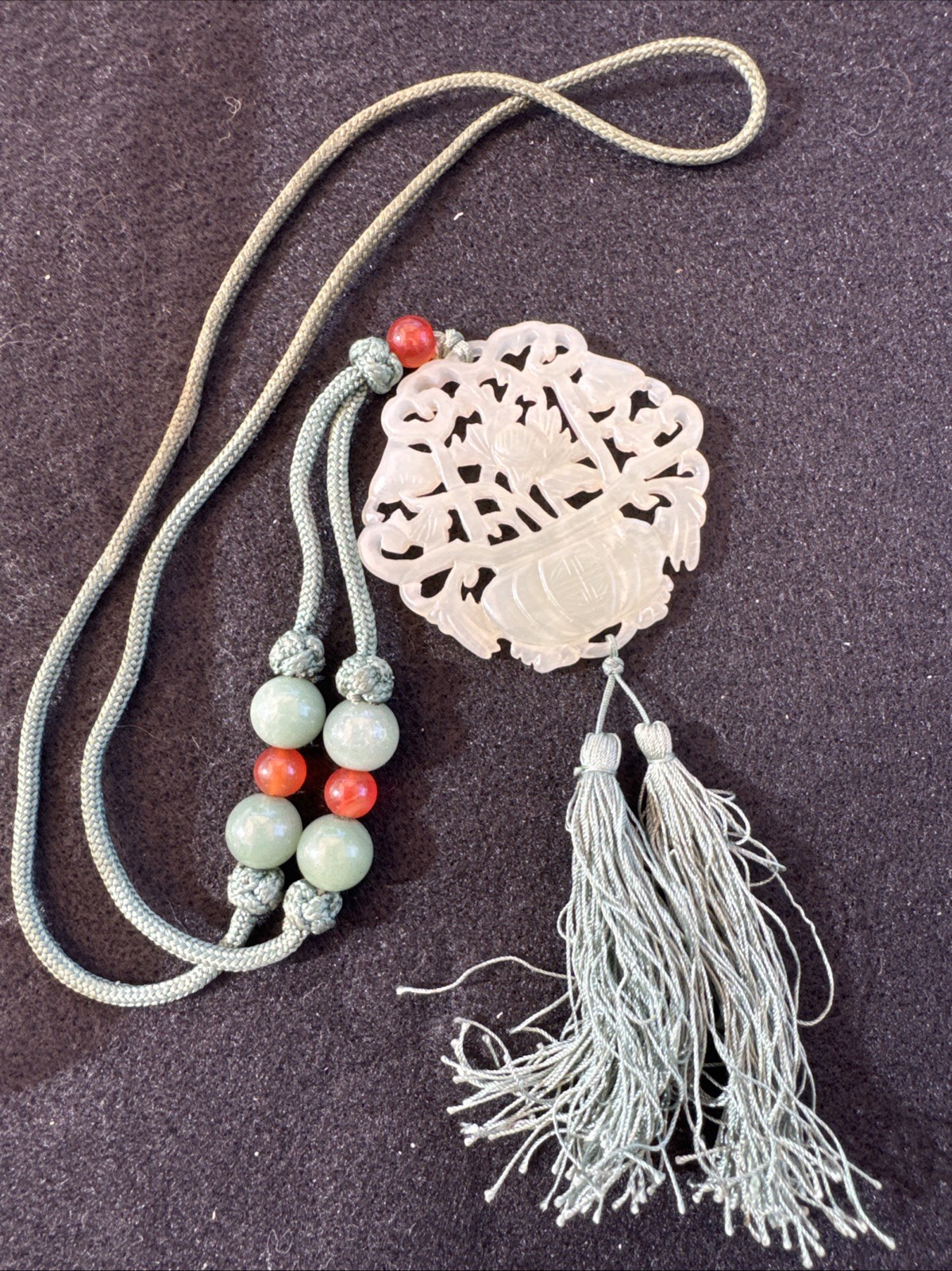 Vintage Carved Jade Flower Pot Necklace Bowenite