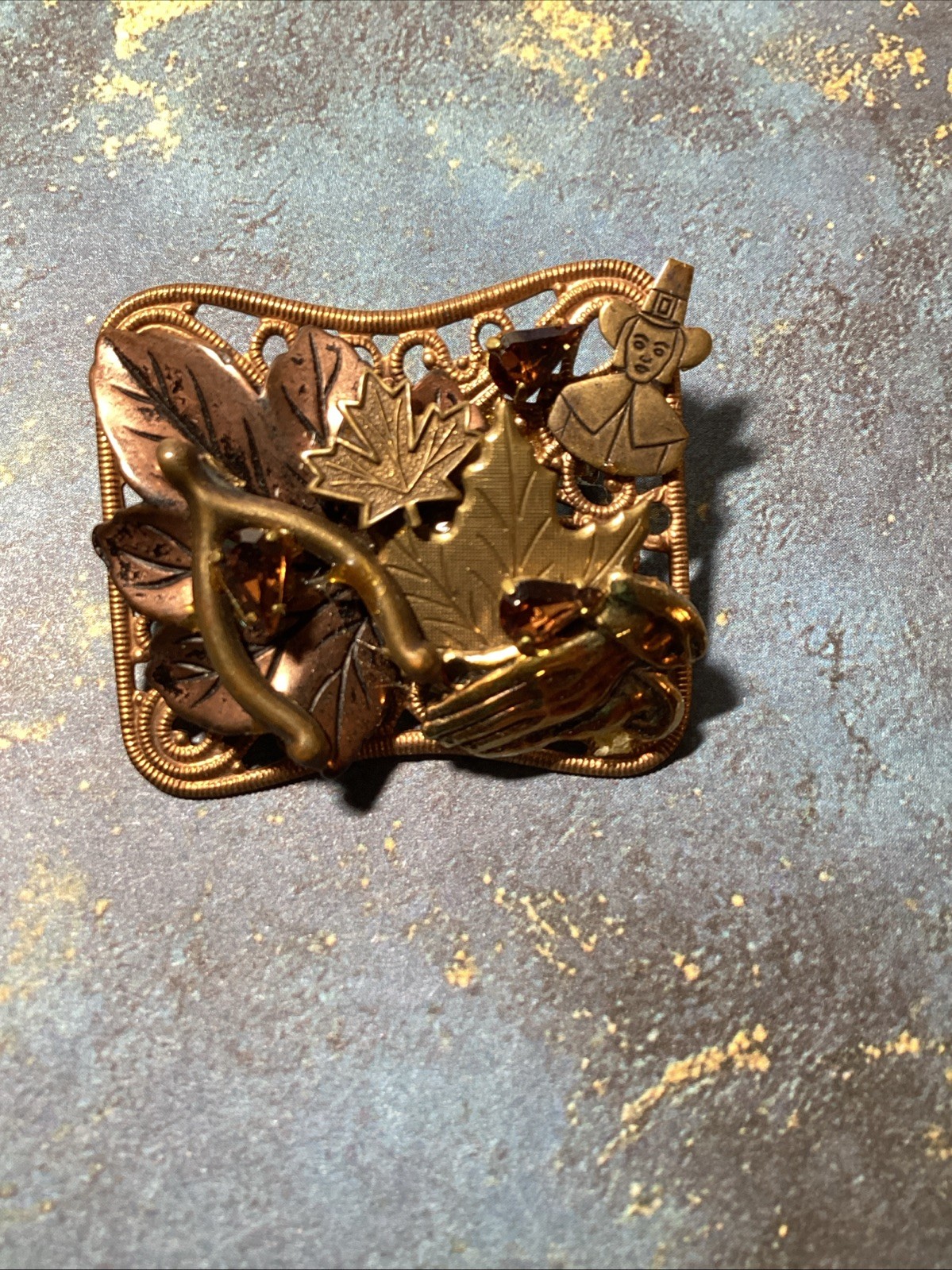 Thanksgiving Fall Leafs Pilgrim Vintage Mixed Metals Yellow Rhinestones Brooch