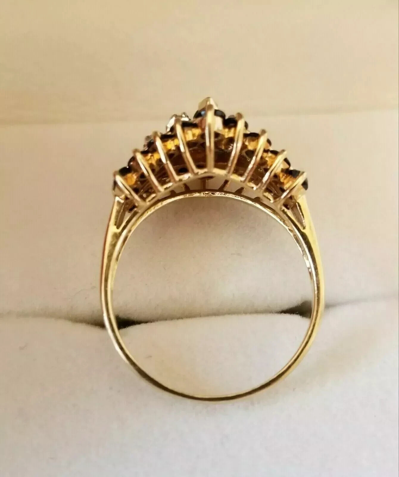 Art Deco Style Marquise Sapphire & Lab Created Diamond 14K Yellow Gold FN Ring