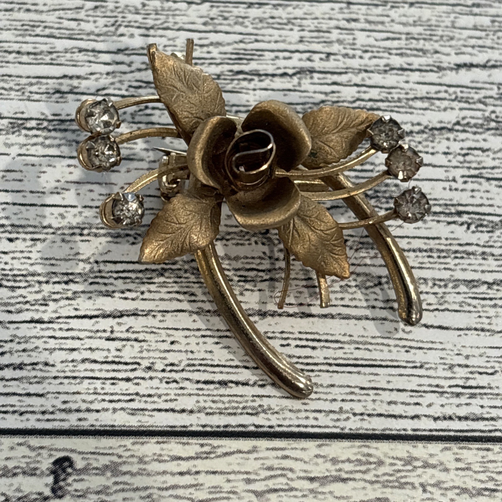 Vintage Gold-Tone Rhinestone Brooch Pin Rose Detail