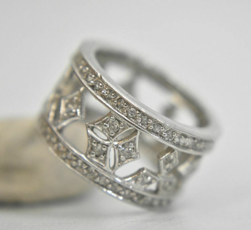Crystal ring or wide band boho cocktail pinky sterling silver Size 5.50
