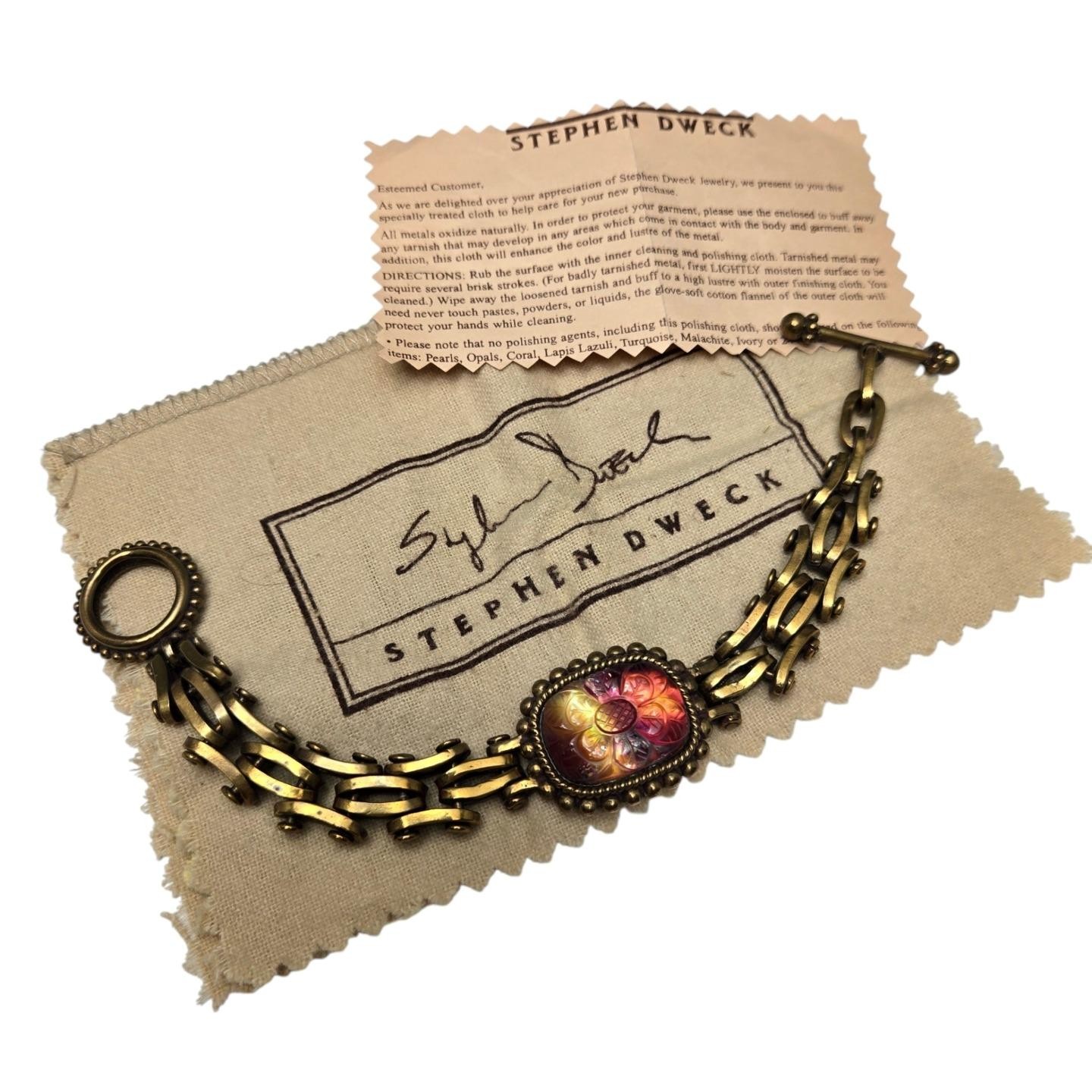 Vintage STEPHEN DWECK Bronze Carved Crystal Gemstone Toggle Clasp Bracelet