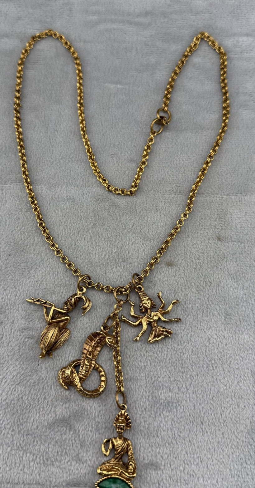 Vintage Asian Charm Necklace Snake Charmer Gold tone 24”