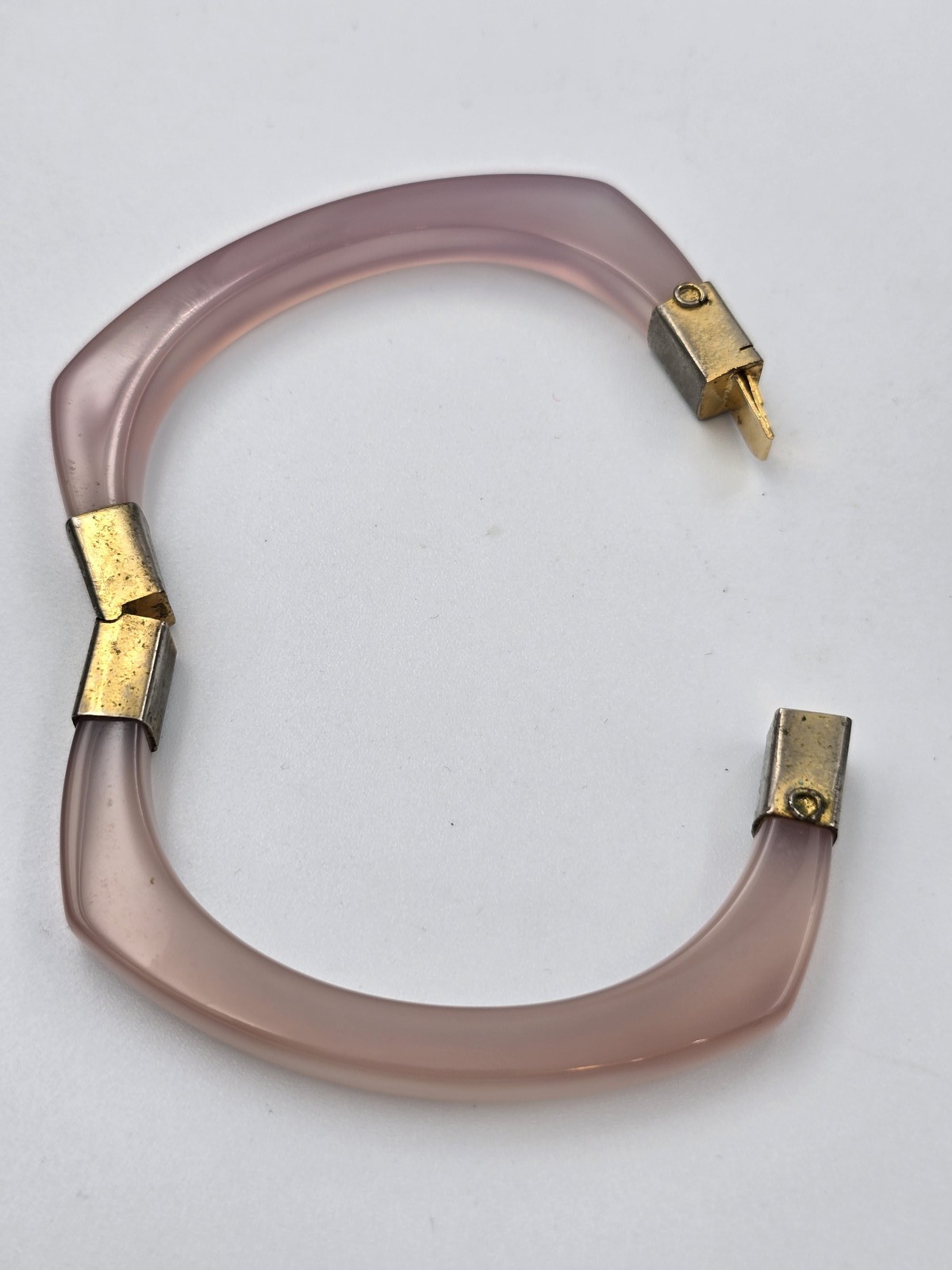 Vintage Rose Quartz Square Bangle Bracelet Gold Tone Hinged Closure Estate Find