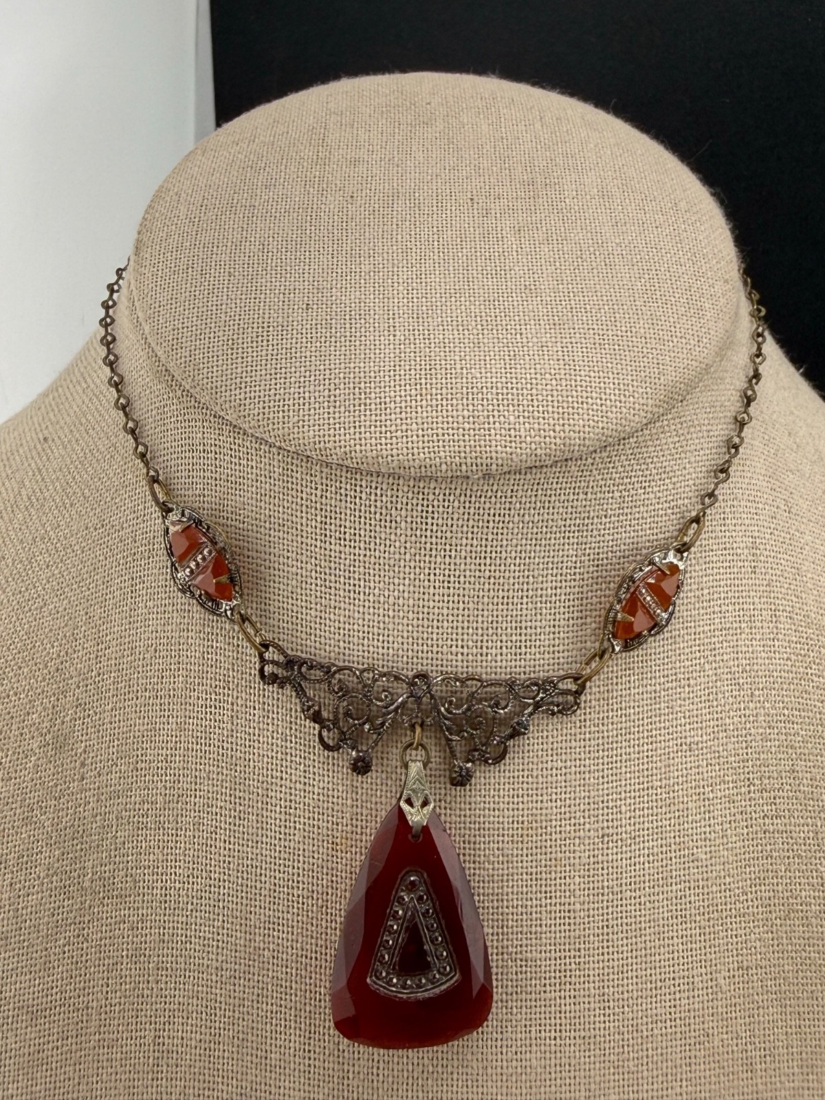 Vintage Art Deco Necklace Lavalier Red Glass Rhinestone 12” SHORT