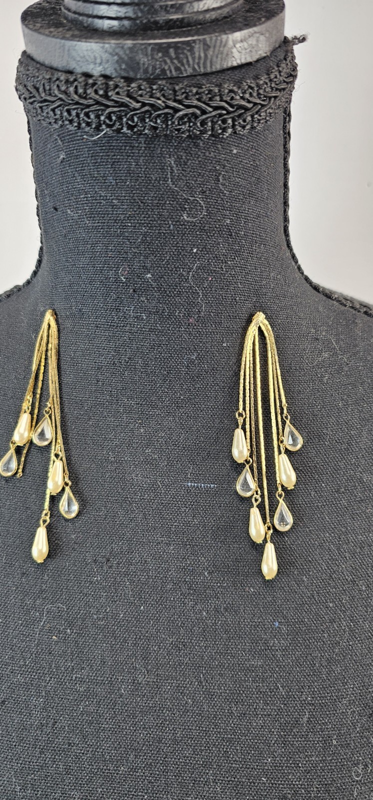 Vintage Gold Tone Dangle Statement Earrings Faux Pearl Glass Teardrop