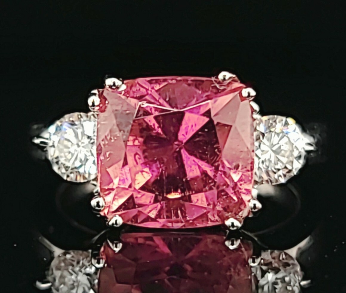 Vintage 14K White Gold Engagement Ring 3.86CT.Natural Pink Tourmaline radiant