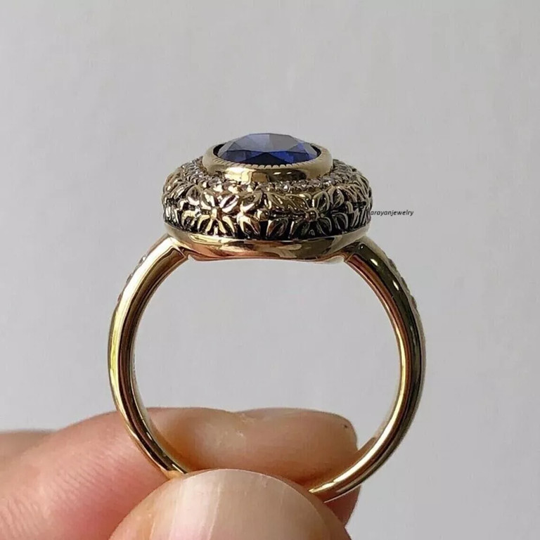 Edwardian 3.00Ct Lab Created Sapphire Halo Wedding Ring 14K Yellow Gold Finish