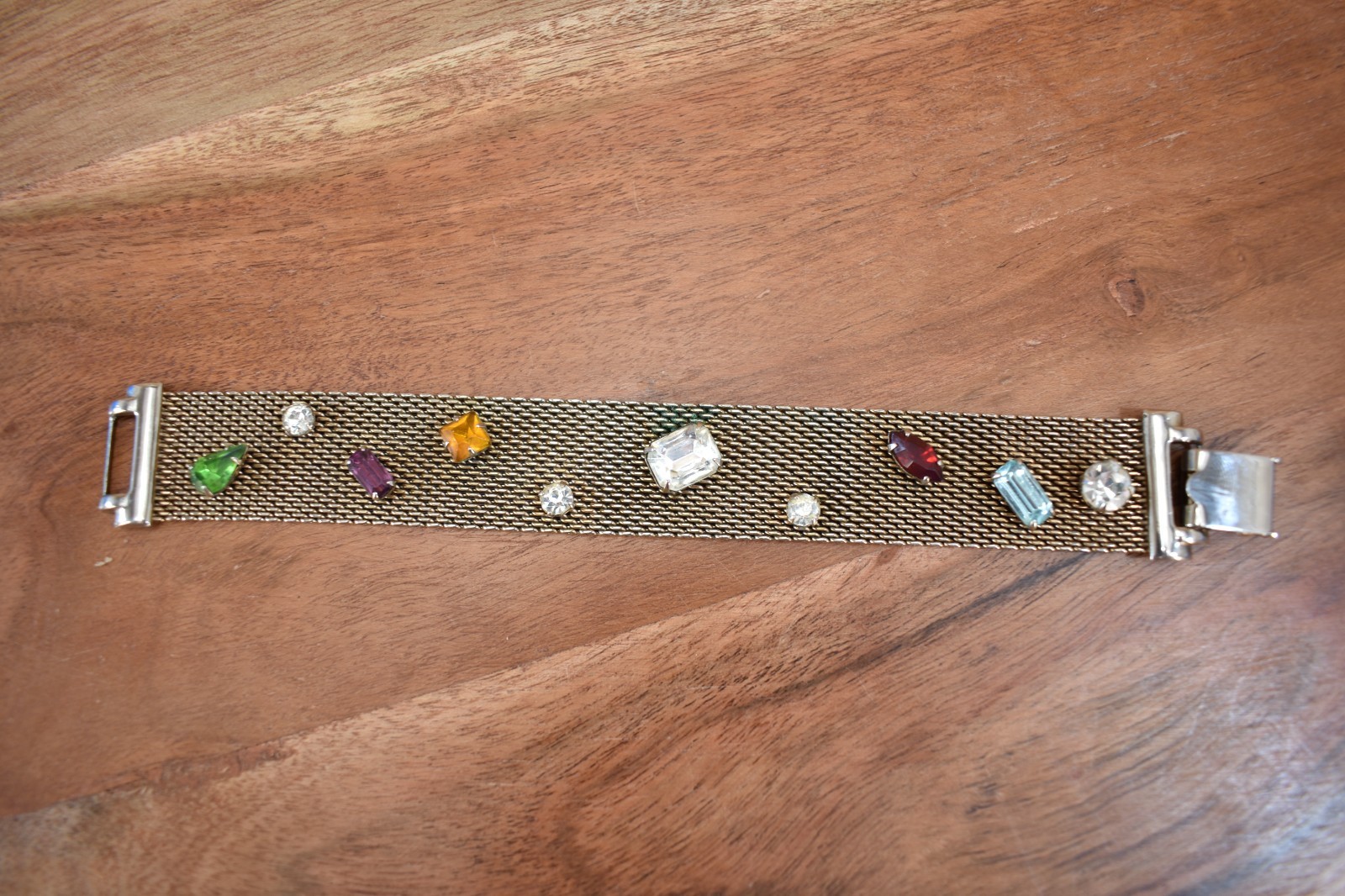 Vintage mesh bracelet with multi-colored gemstones rhinestones