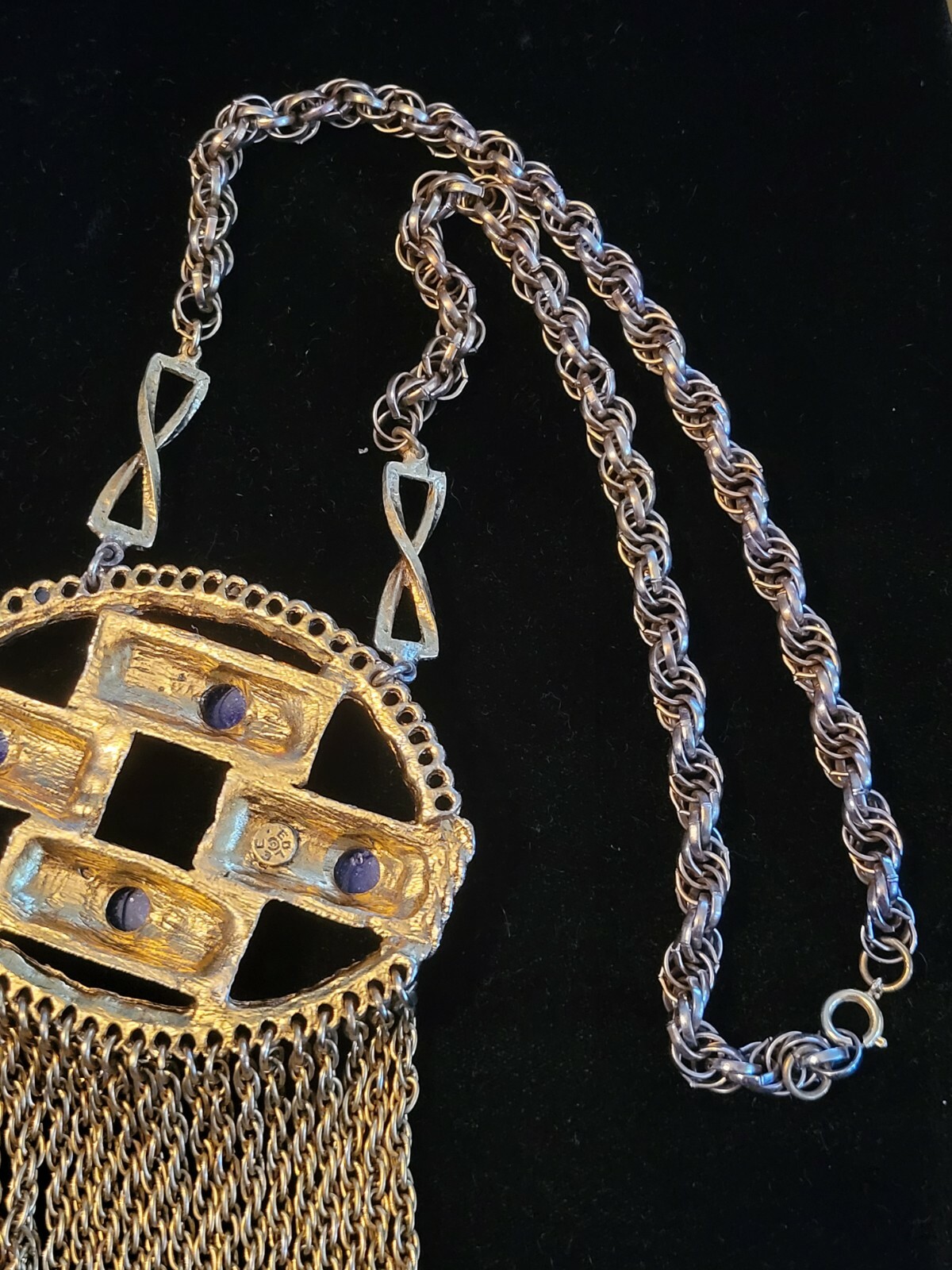 Vintage Very Large Bold Goldtone Blue Stone Edlee multi stand chain Necklace
