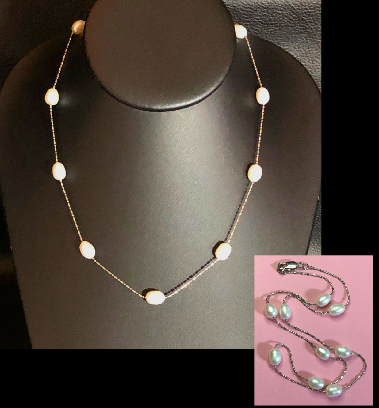 Silver White Cultured Pearl Station Chain Necklace Real Genuine Baroque 17+” P29