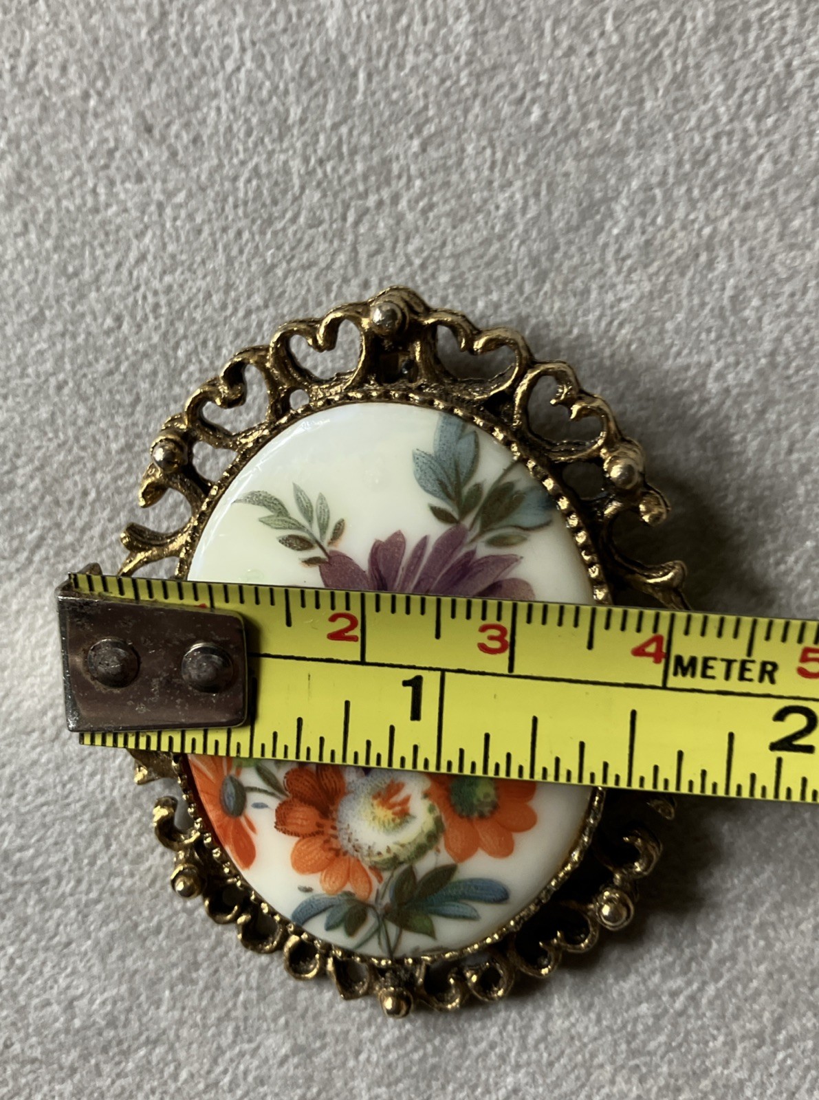 Vintage Filigree Goldtone Hand Painted Floral Brooch/Pendant 2 X 1.75 Inches